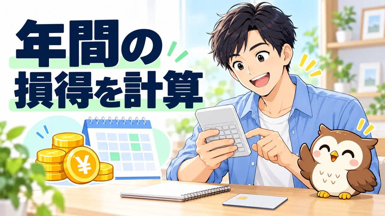 毎月のポイント・割引・年会費から年間の損得を計算するイラスト