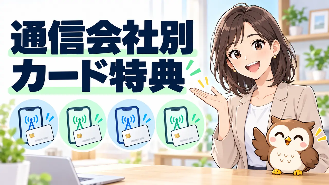 通信会社別の指定カード割引を比較するイラスト
