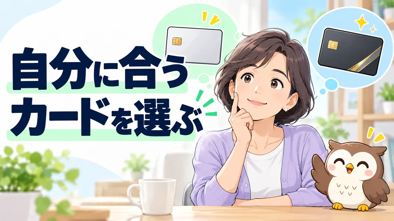 年会費無料カードと指定カードのどちらが向くか考えるイラスト