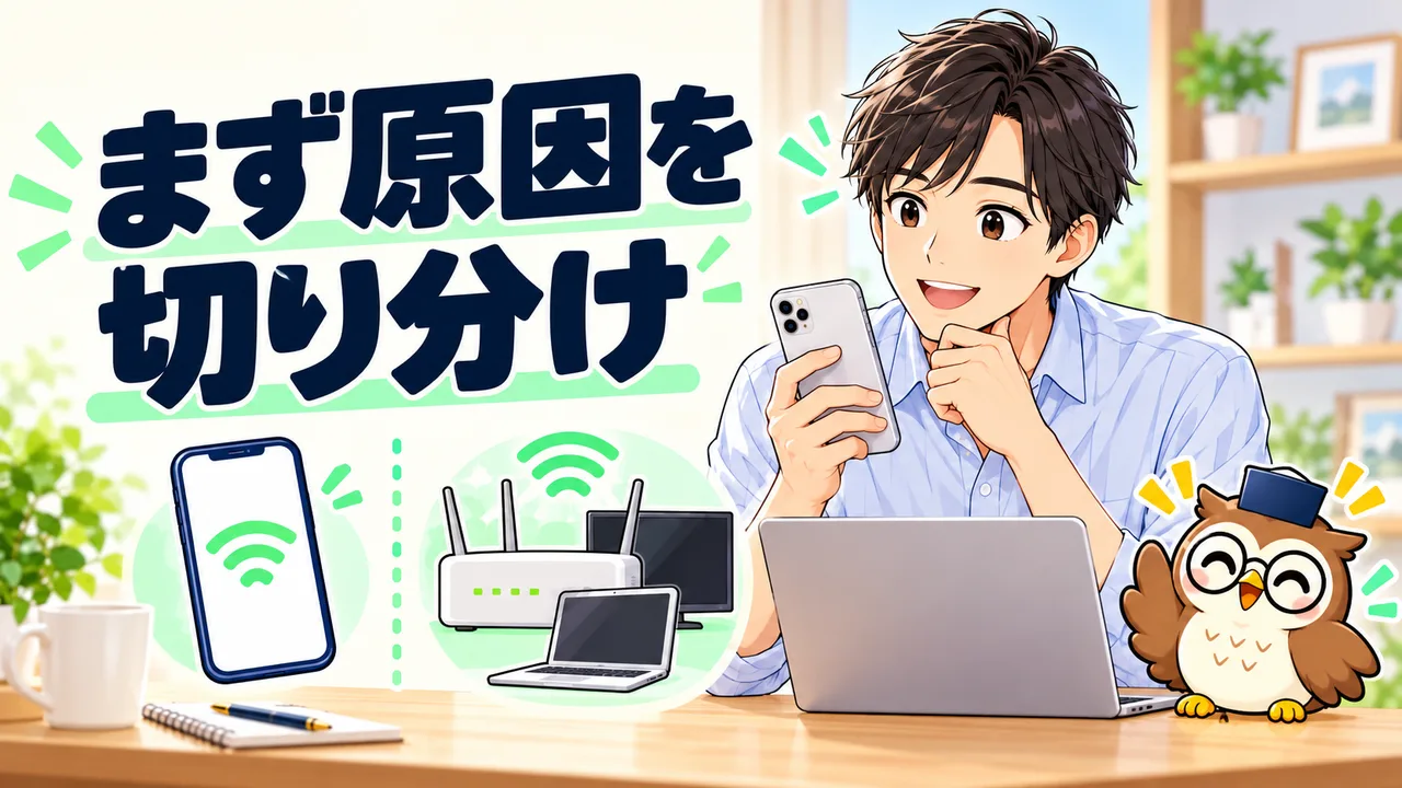 スマホと家庭内端末でWi-Fi不調を比較するイラスト