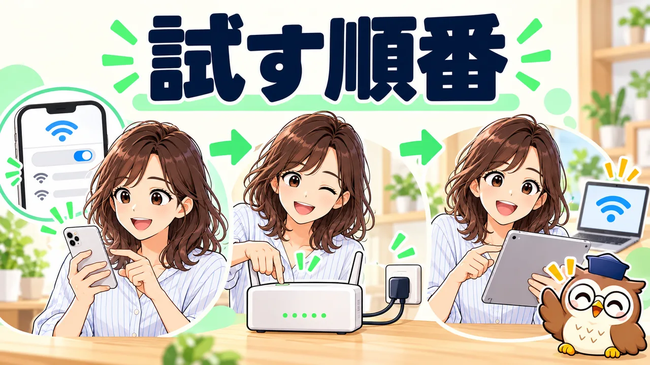 Wi-Fi設定とルーターを順番に確認するイラスト