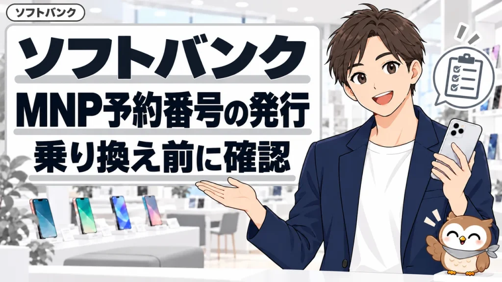 ソフトバンクのMNP手続きを案内する男性と小さなフクロウ。左上にソフトバンクの表示