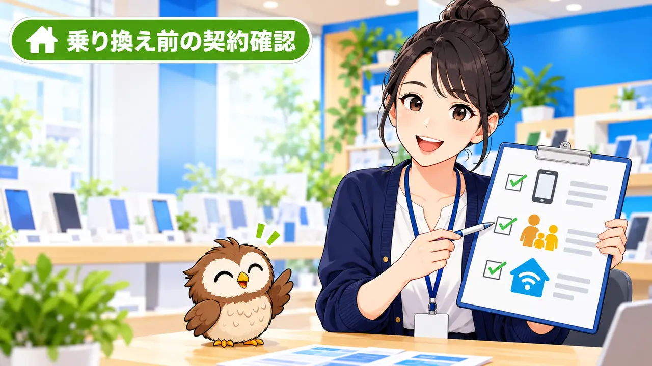 ソフトバンクから乗り換える前に家族割・おうち割・端末代を確認するイラスト