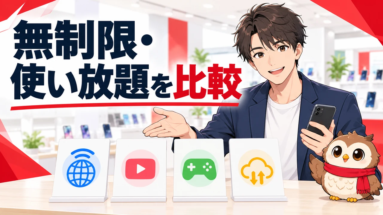 データ無制限・使い放題と大容量プランを比較する店員とフクロウ