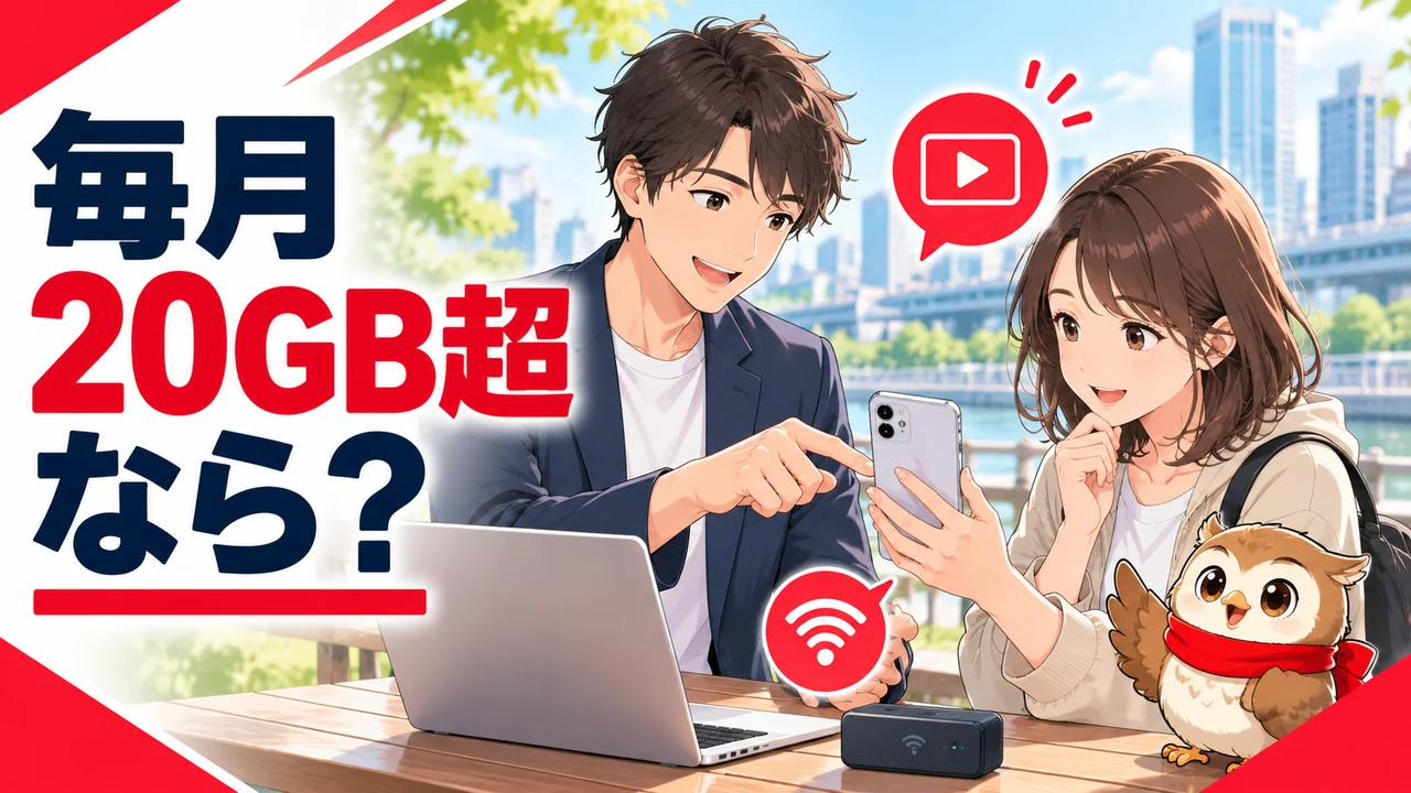 毎月20GBを超えて使う人向けの楽天モバイルを案内する店員とフクロウ