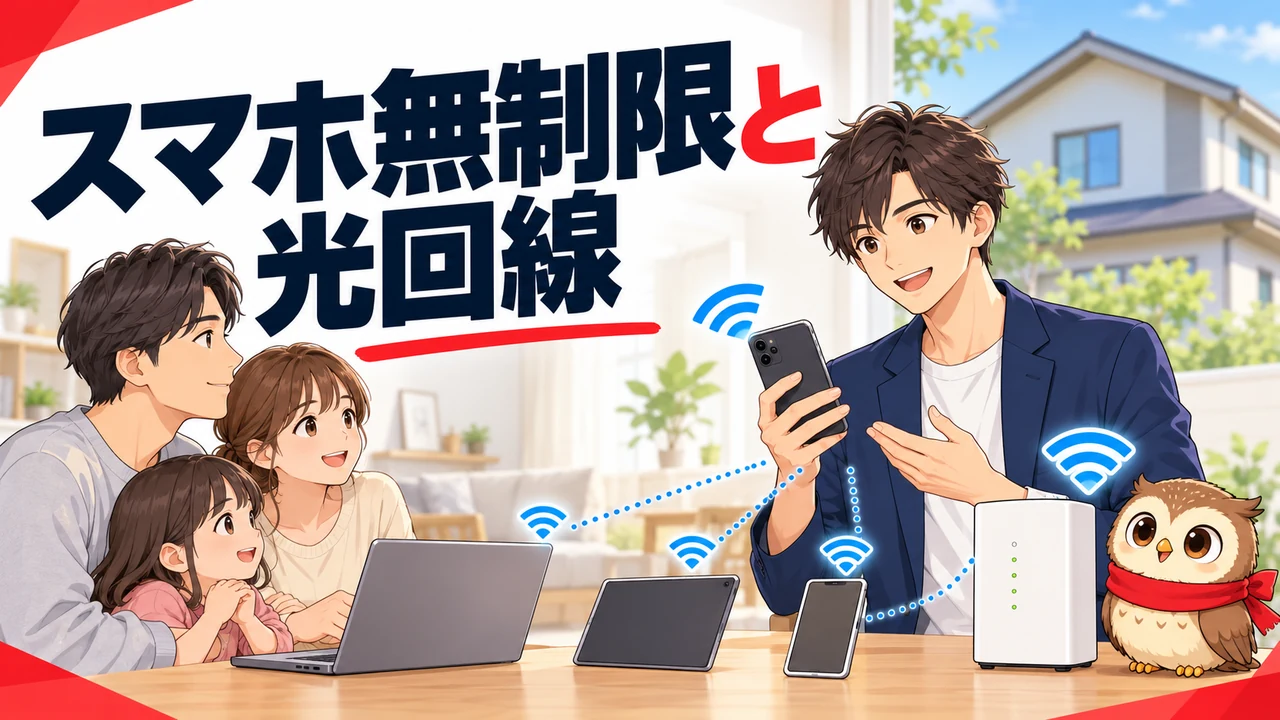 スマホの無制限プランと自宅の光回線を比較するイラスト