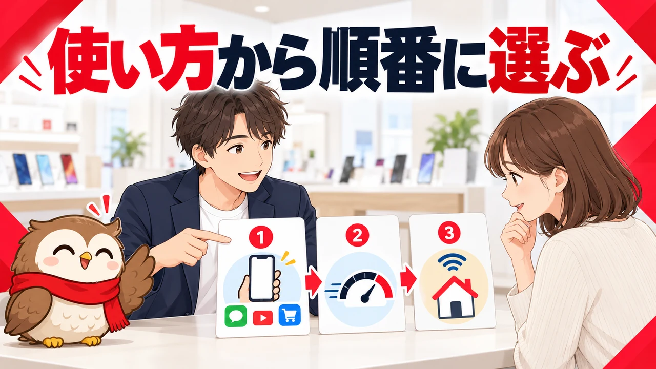 データ使用量から通信サービスを順番に選ぶ店員とフクロウ