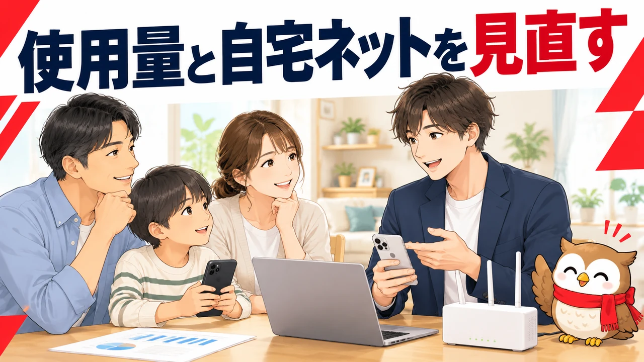使用量と必要な速度、自宅のネットを見直すイラスト