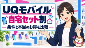 UQモバイルの自宅セット割を紹介する女性スタッフとフクロウ