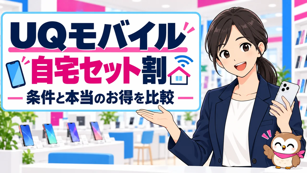 UQモバイルの自宅セット割を紹介する女性スタッフとフクロウ