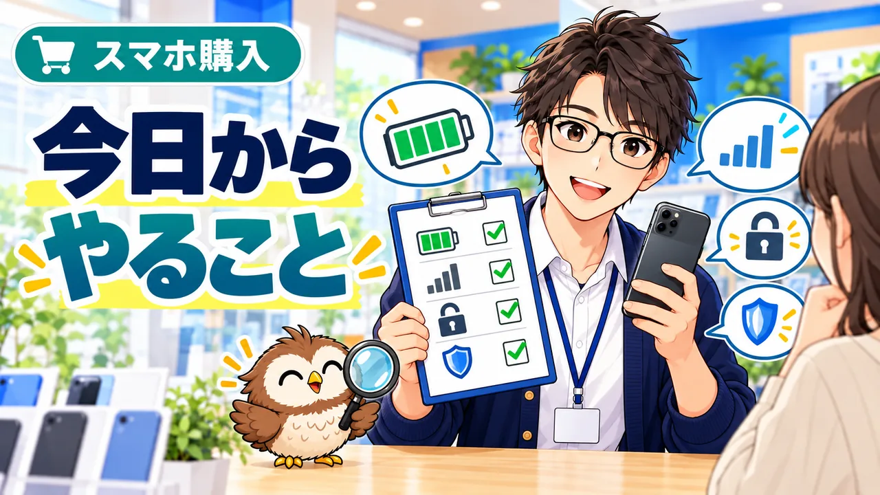 中古スマホを購入するために今日からやることを説明するイラスト